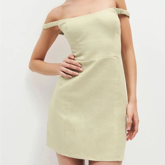 Reformation Dress Sawyer Linen Off-Shoulder Mini Green Dried Herbs 10 NWT - Picture 5 of 8